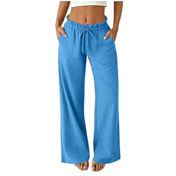 cocolona Womens Summer Casual Ruffled Beach Pants Elastic Waist Straight Wide Leg Lounge Vacation Trousers with Pockets