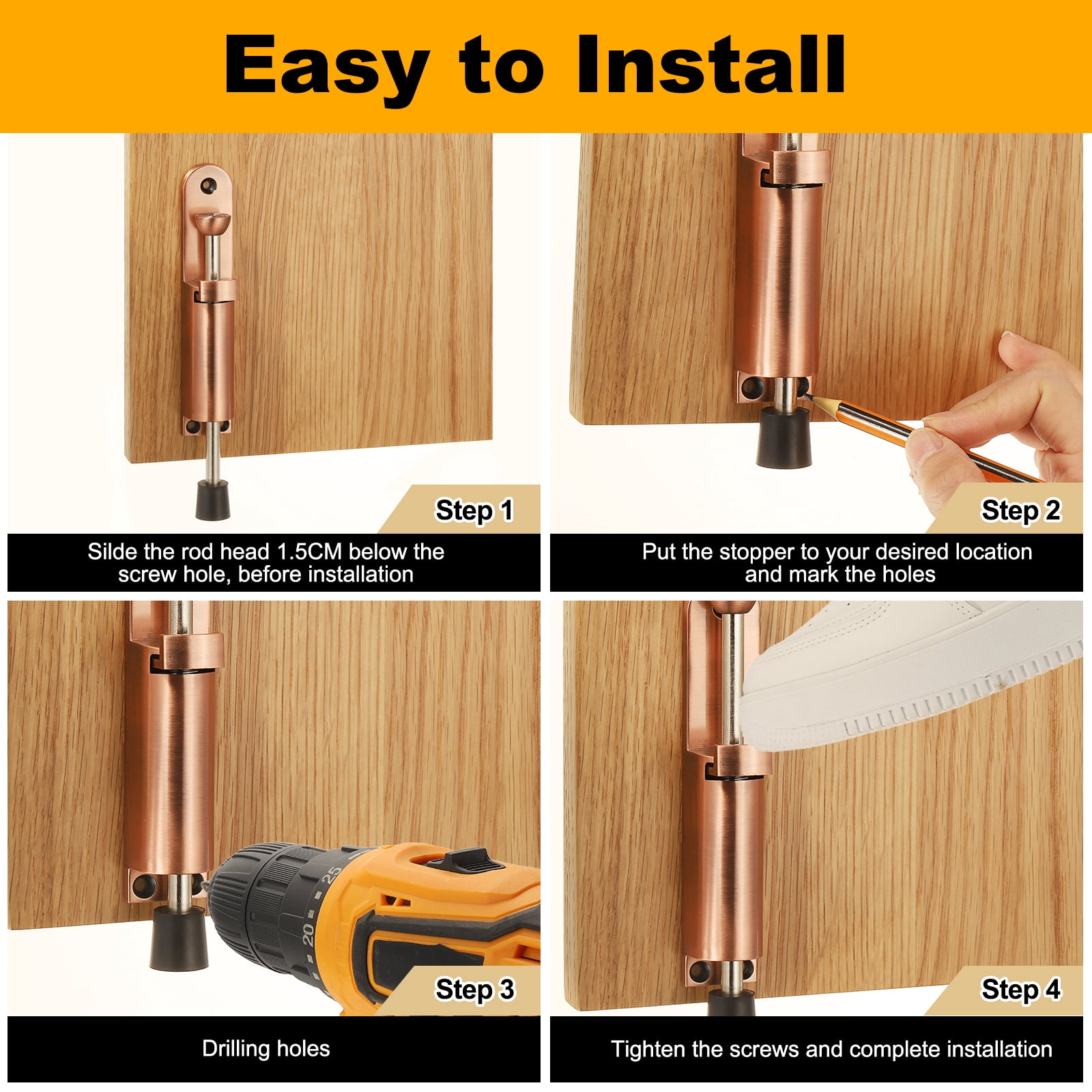 Uxcell Kickdown Door Stop, Zinc Alloy Spring Loaded Telescopic Step On/Off Adjustable Heavy Duty Foot-Operated Door Stop Holder for Ground Gap 0-100mm, Silver