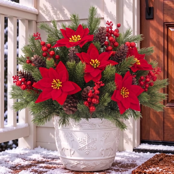 AcerichFad Christmas Flowers Decorations, 10 Pcs Christmas Artificial Poinsettia Floral with Pine Cone Red Berry Stems for Indoor Outdoor Xmas Tree Party Holiday Table Decor