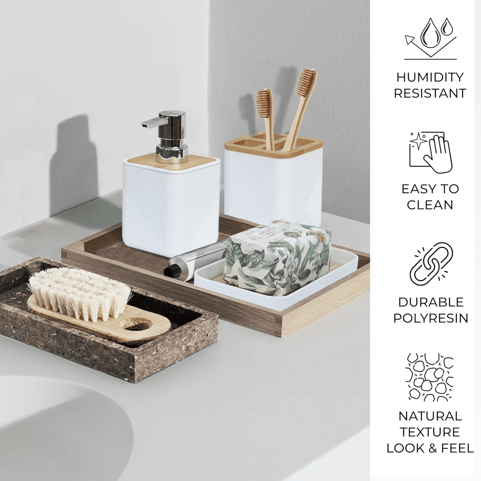 CERBIOR Bathroom Accessories Set 6 Piece Bamboo Bath Ensemble Includes Soap Dispenser, Toothbrush Holder, Toothbrush Cup, Soap Dish for Decorative Countertop and Housewarming Gift, White