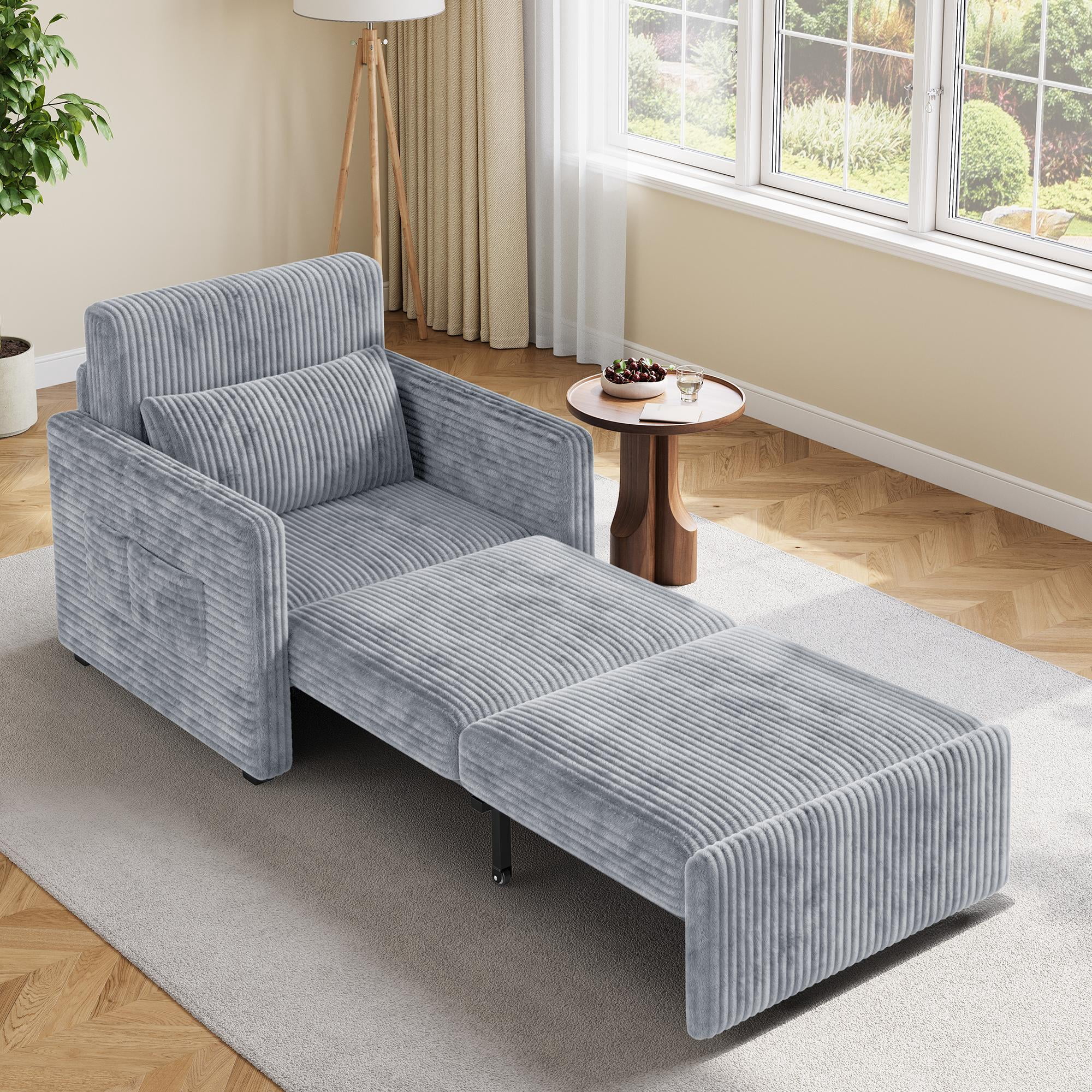 Noelse 3-in-1 Sleeper Chair Bed, Convertible Sofa Bed with Pull-Out Recliner, Corduroy Fabric Accent Chair, Gray