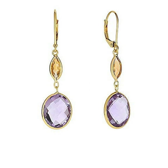 JewelStop 14K Yellow Gold Marquis Citrine Briolette Amethyst Drop Earrings, Lever Back Clasp 9x37mm