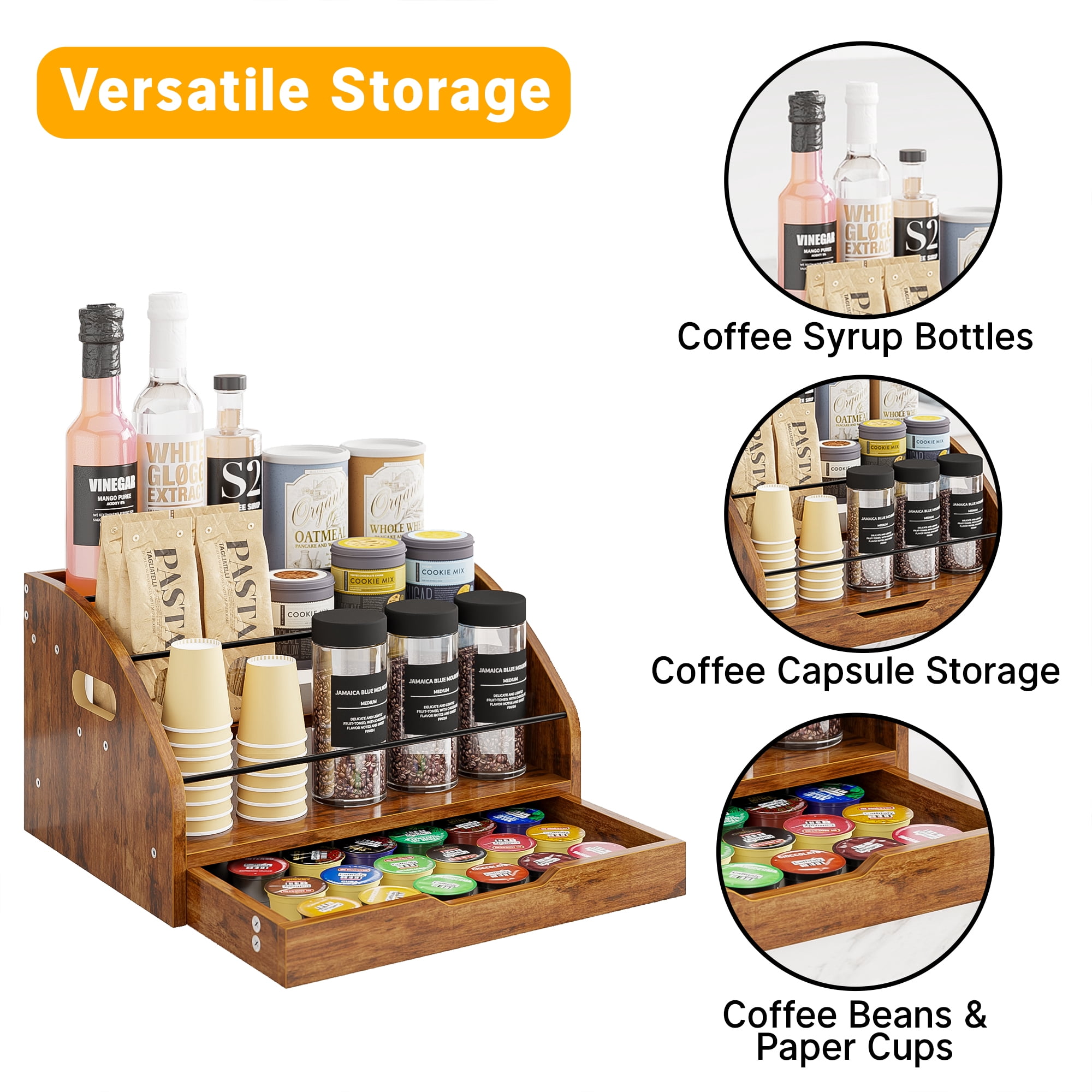 Yoneston 3-Tier Retro Bar Liquor and Wine Rack with Drawer, Wood 3-Step Countertop Coffee Syrup Rack Organizer Bottle Holder for for Liquor Whiskey