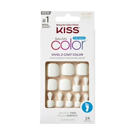KISS Salon Color Short Square Press-on Toenails with Glue, White, 24 Pieces