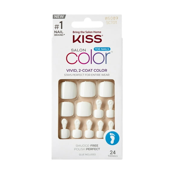 KISS Salon Color Short Square Press-on Toenails with Glue, White, 24 Pieces