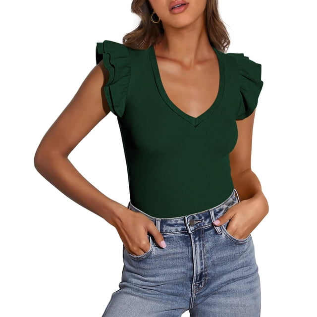 Remera PRETTYGARDEN Mujer Cuello en V con Volados Sin Mangas Ajustada XL