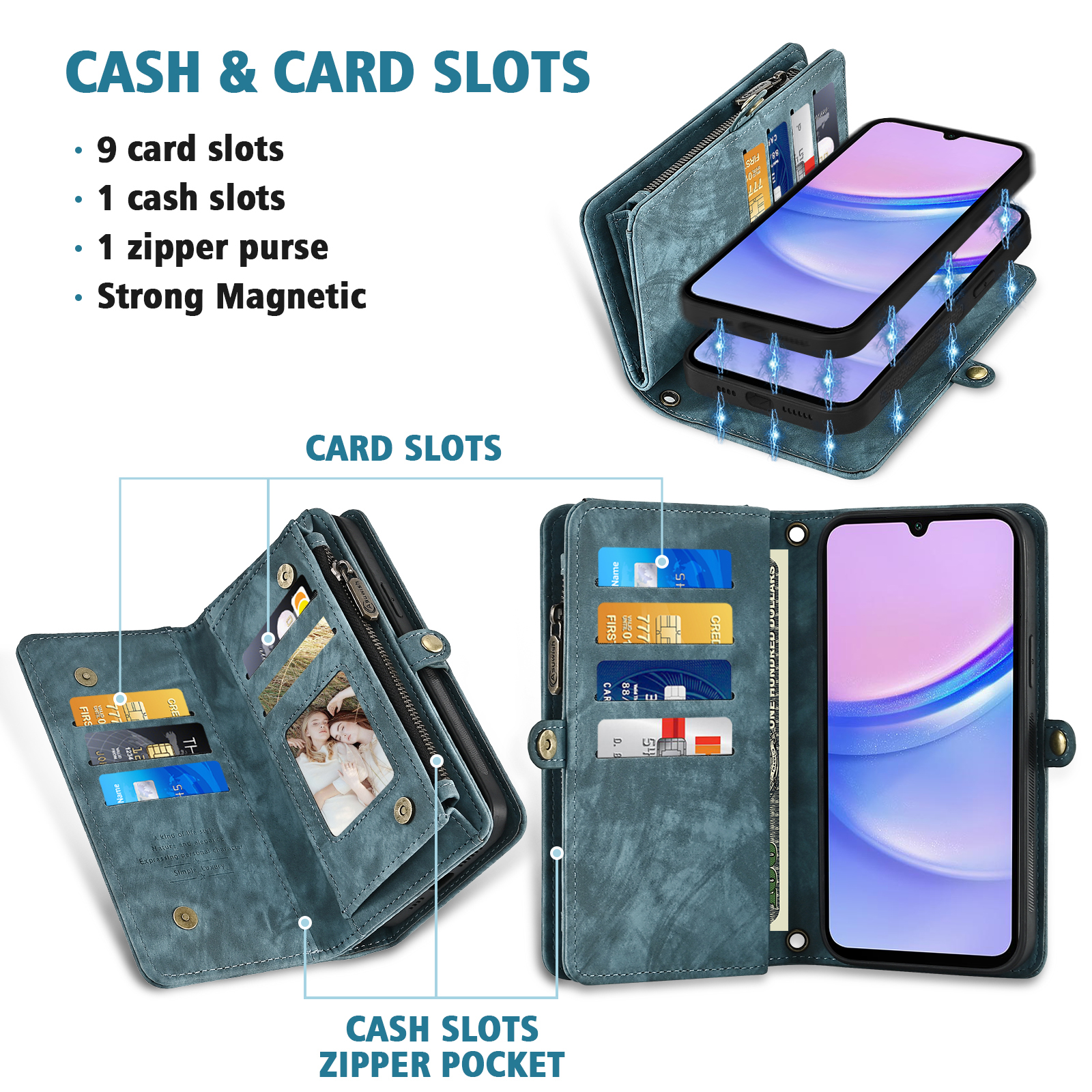 Asuwish Compatible with Samsung Galaxy A15 5G/4G Phone Case Zipper Wallet Detachable Tempered Glass Screen Protector Crossbody Lanyard Strap Flip Card Holder Cell Cover for A 15 G5 15A Women Men Blue
