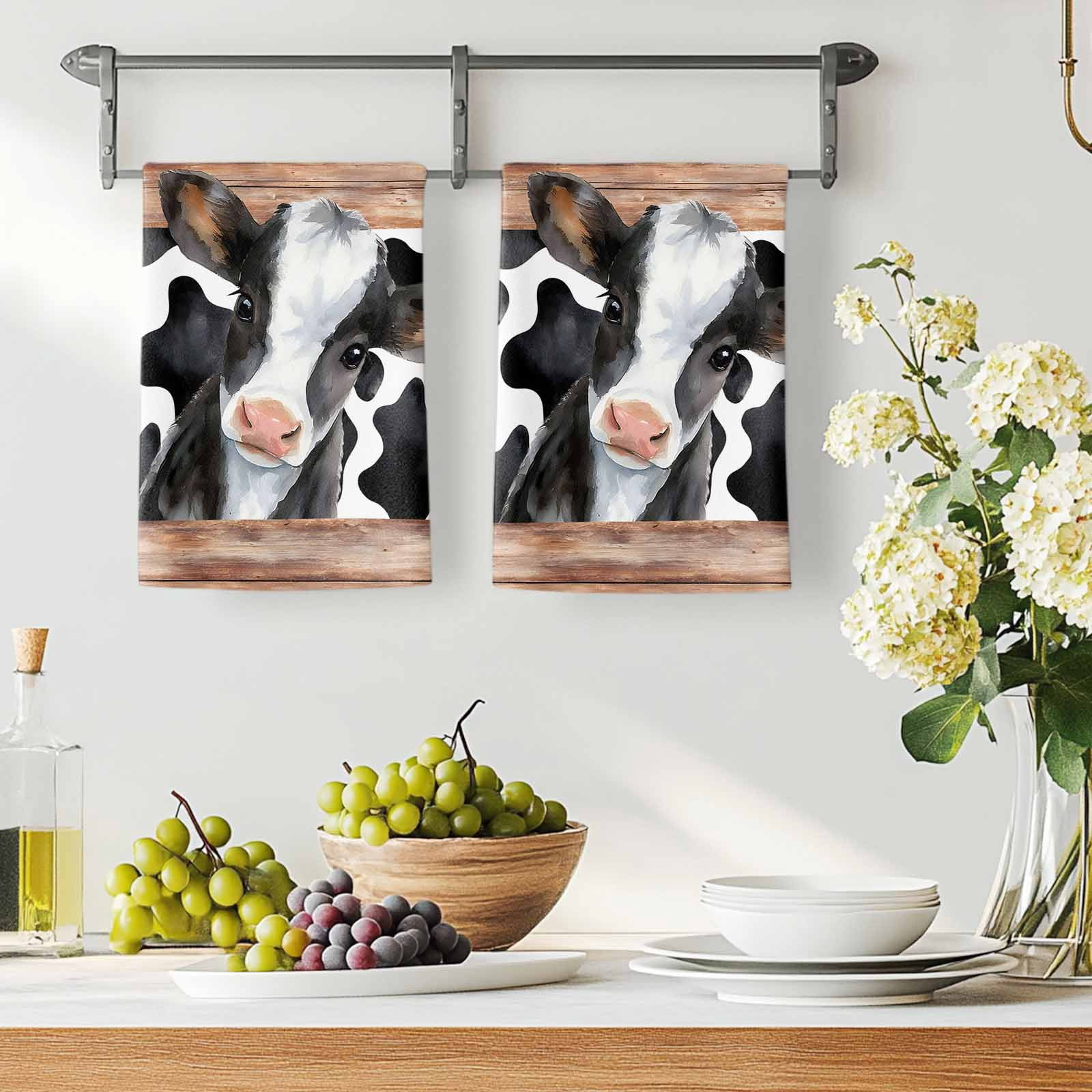 Cow Printed Kitchen Towels Set of 2, Farmhouse Watercolor Country Wooden Grain Absorbent Dish Towels for Kitchen, Microfiber Hand Towel, Quick Drying Tea Towel for Cleaning Decorative Dishcloths