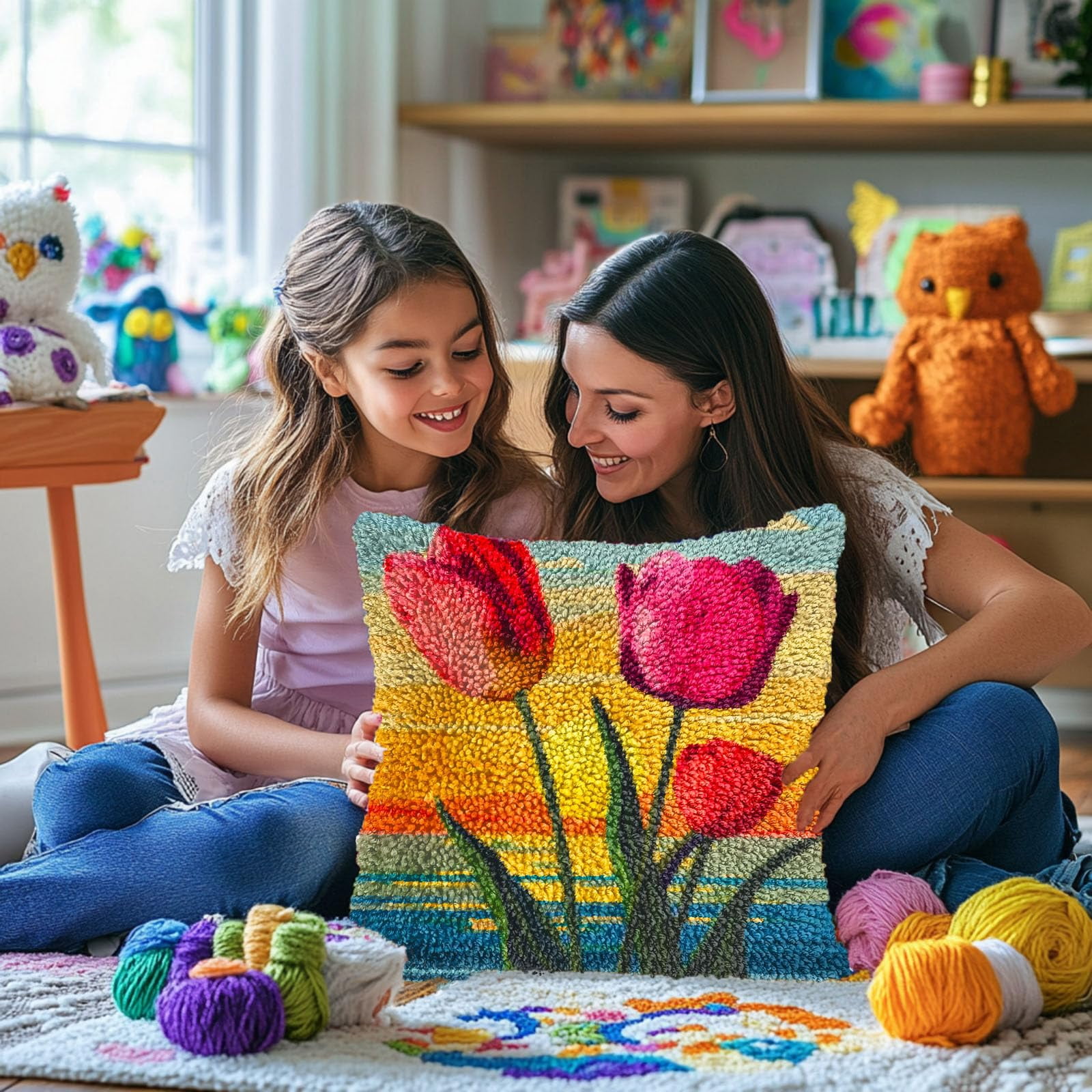 Seaside Flower Tulips Sunset DIY Latch Hook Pillow Kits for Adults Printed Pillowcase Crochet Yarns Hooking Handmade Pillow Cover Cushion for Home Sofa Decoration 17x17inch(1)
