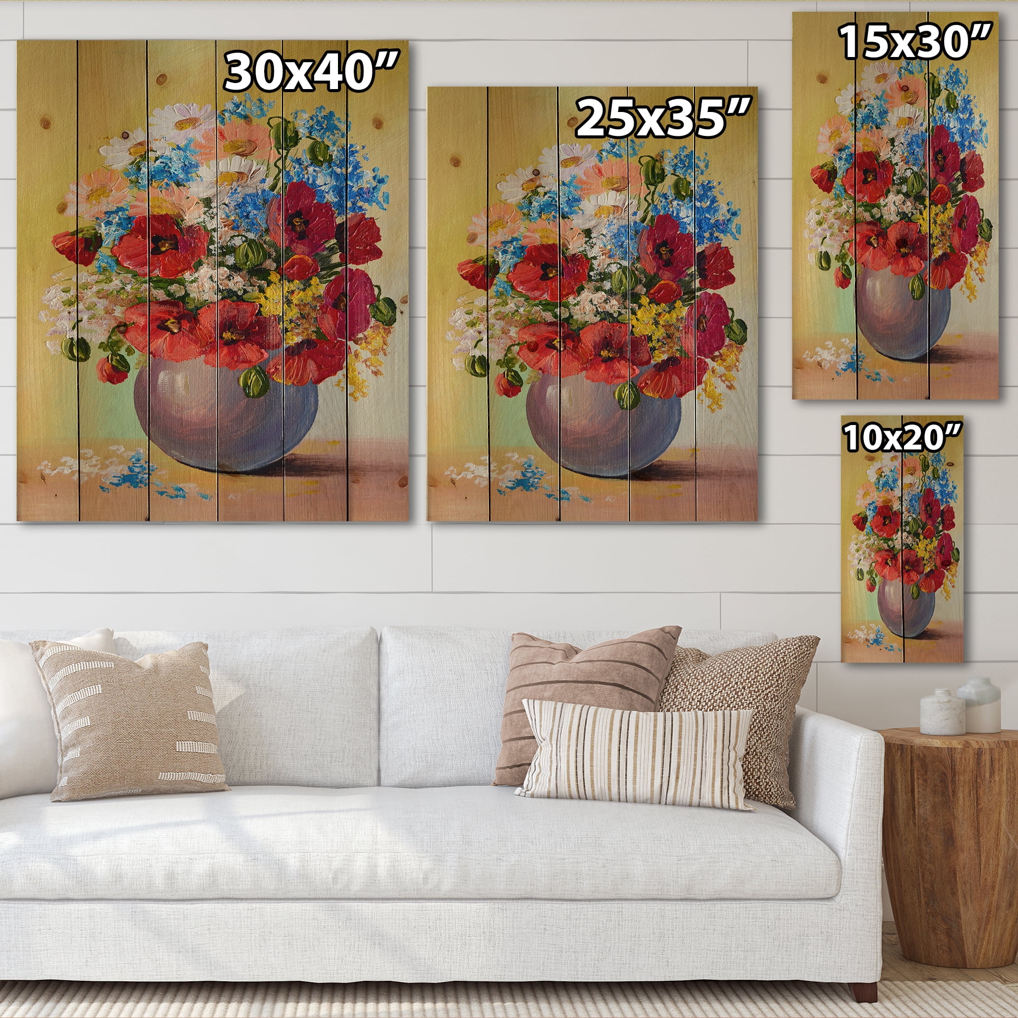 Designart 'Still Life A Bouquet Of Blue and Red Flowers' Traditional Print on Natural Pine Wood