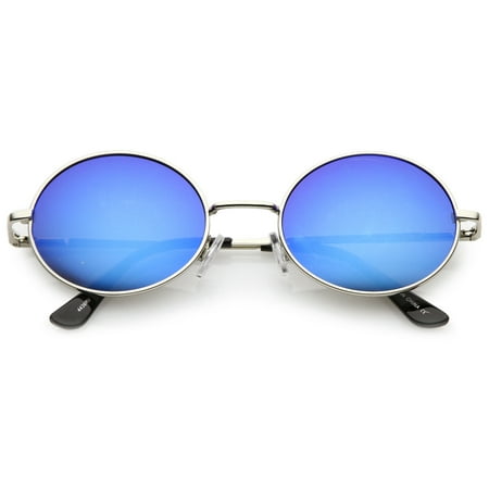 Classic Lightweight Slim Arms Colored Mirror Flat Lens Oval Sunglasses 50mm (Silver / Blue Mirror)