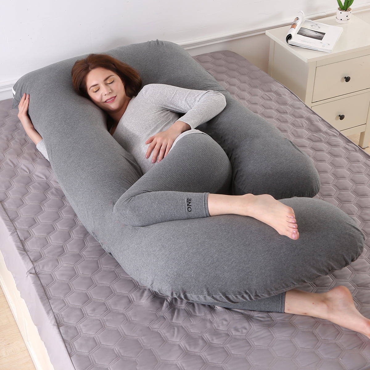 SHANNA 57in Full Body Pillow, Nursing, Maternity and Pregnancy Body Pillow, Extra Large J Shape Pillow and Lounger with Removable Cotton Cover-Dark Gray