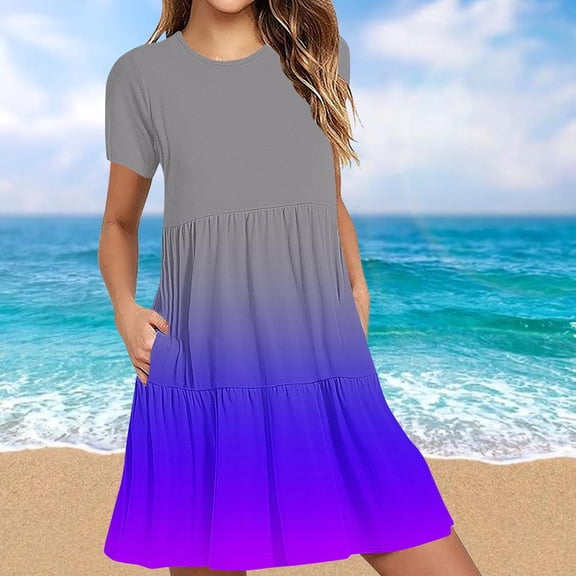 Women's Summer Casual Short Sleeve T Shirt Dress Tiered Mini Dresses With Pockets
