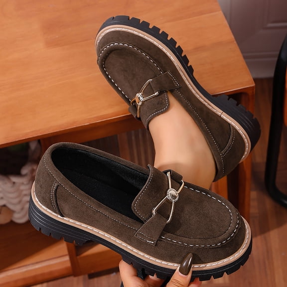 WHLBF Shoes for Women Round-Toe Thick-Heeled Casual Large-Size Frosted British Style Thick-Soled Loafers Size 9