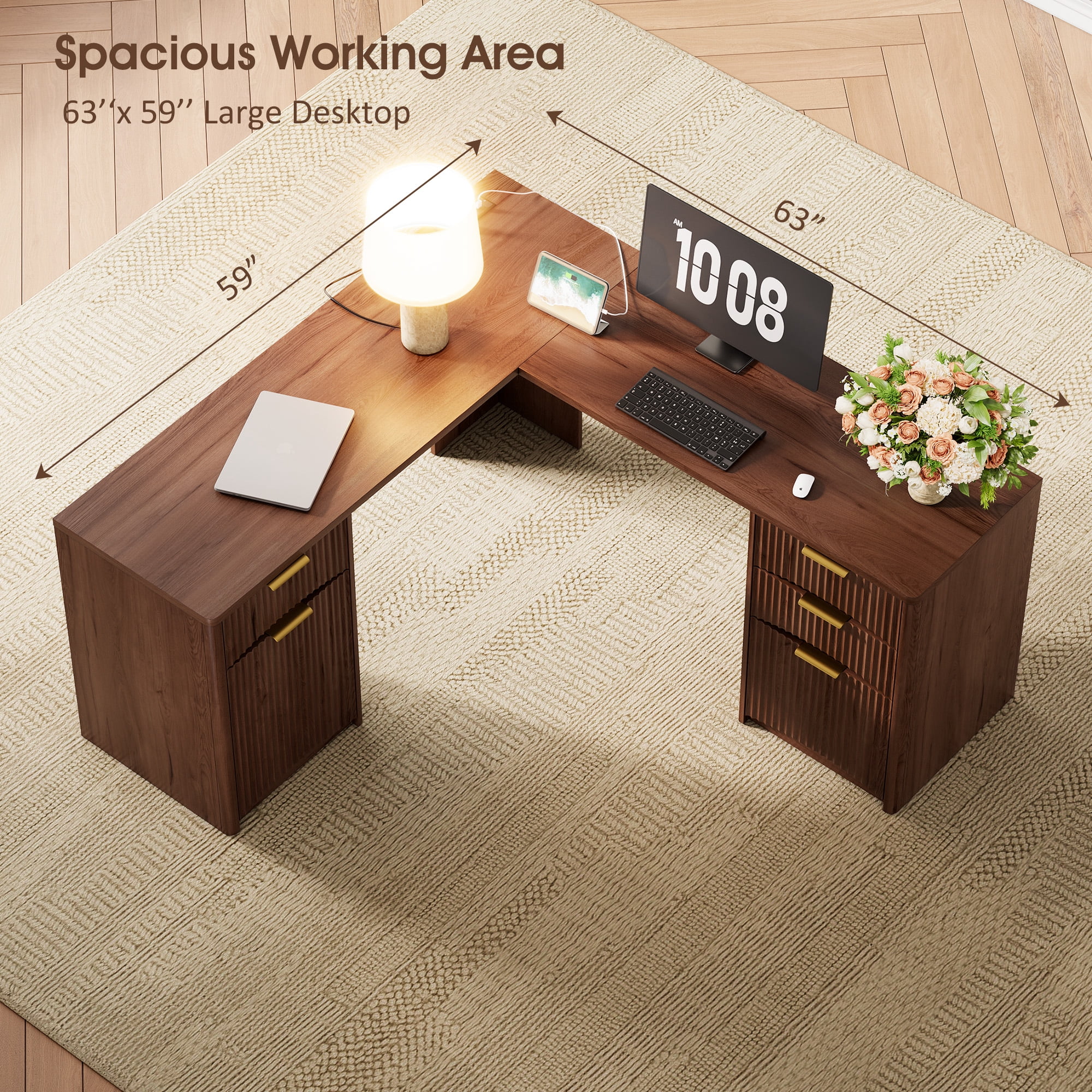 63'' Fluted L Shaped Desk with Drawers, Corner Computer Desk with Storage, Modern Executive Home Office Desk with File Cabinet and Charging Station, Walnut