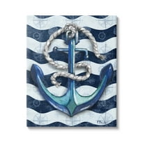 Stupell Industries Nautical Anchor Wavy Navy Stripes Graphic Art Gallery Wrapped Canvas Print Wall Art, Design by Paul Brent