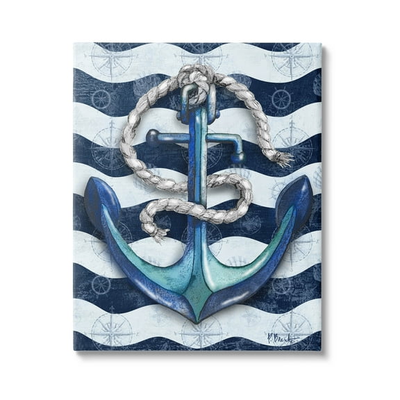 Stupell Industries Nautical Anchor Wavy Navy Stripes Graphic Art Gallery Wrapped Canvas Print Wall Art, Design by Paul Brent