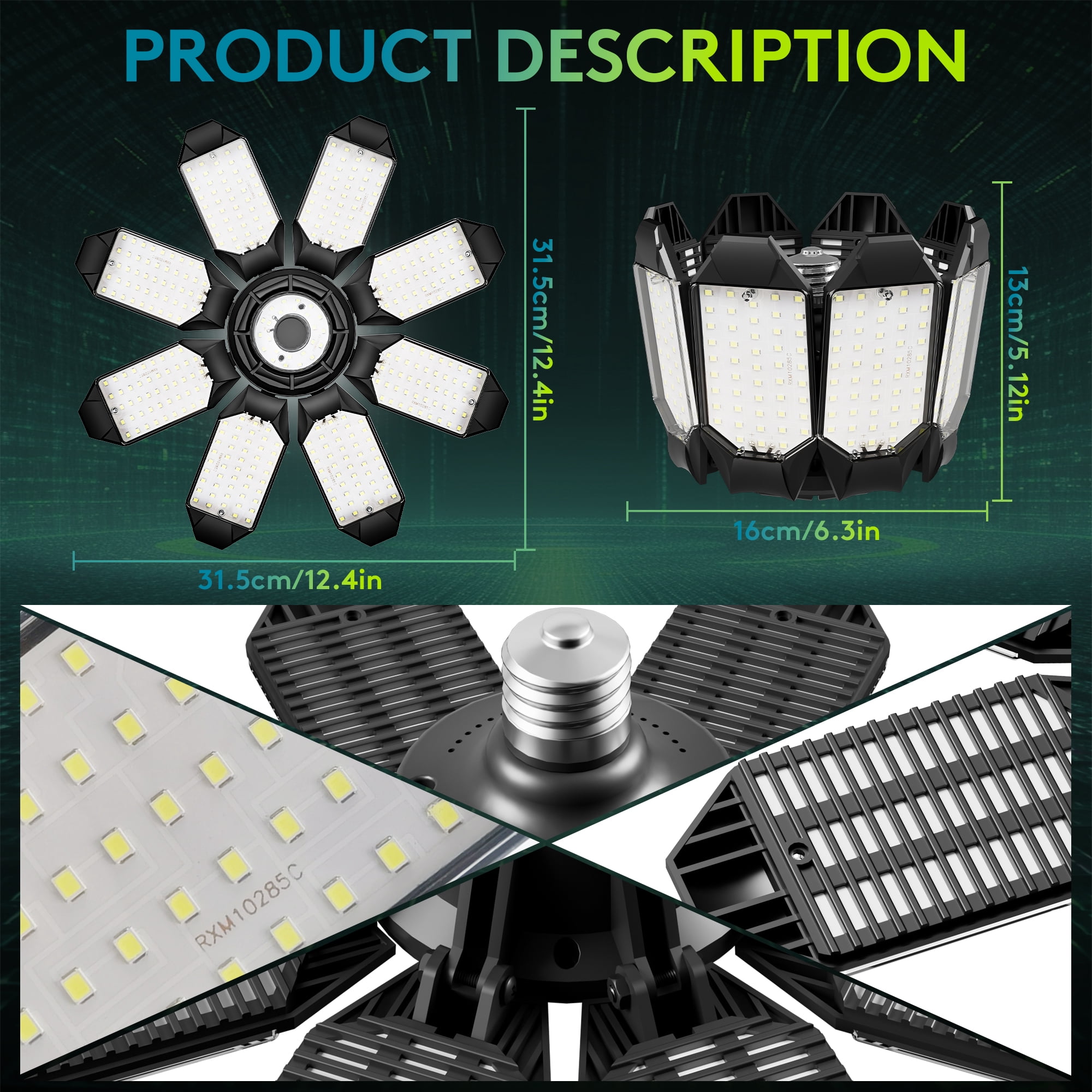 SUNBEAK LED Garage Light with 8+1 Deformable Panels 2 Pack,6500K LED Shop Lights,Warehouse Ceiling Light Bulb,E26/E27 for Basement,Workshop