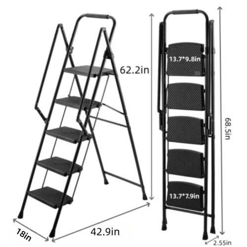 5-Step Folding Ladder Stool, 330 LBS Lightweight Steel Step Ladder, Wide Non-Slip Pedals with Sponge Safety Handle, Portable Foldable Ladder for Home Kitchen Office