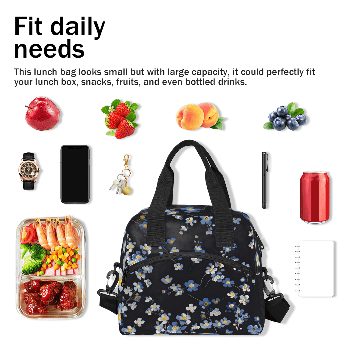Herdesigns Blue Wildflowers Insulated Lunch Bag for Women Men Adults Large Reusable Lunch Box Leakproof Portable Cooler Tote Bags with Adjustable Shoulder Strap