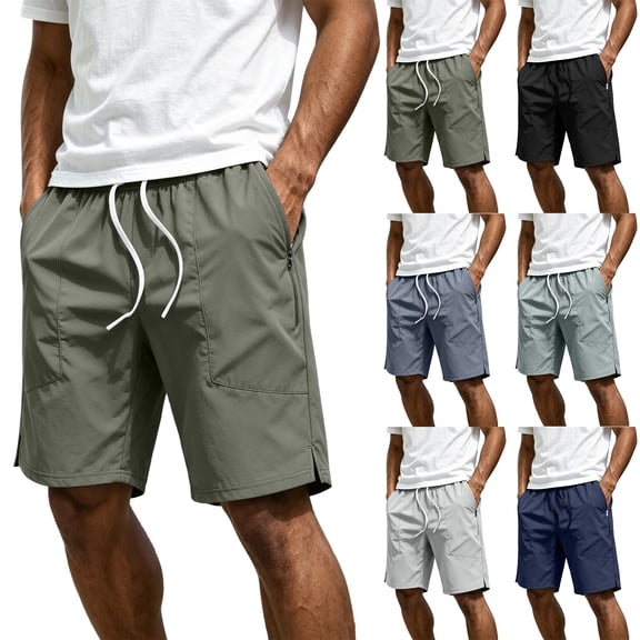 Men Athletic Shorts Men's Solid Color Elastic Waist Drawstring Zipper Pocket Casual Sports Shorts Black Xxxl