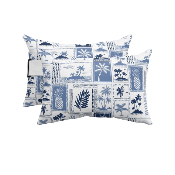 Pack of 2 Outdoor Lumbar Pillow Covers 11x16 Inch, Blue Palm Trees Waterproof Throw Pillow Covers Set, Summer Tropical Monstera Leaf Pineapple Retro Decorative Cushion Cases for Patio Porch Car