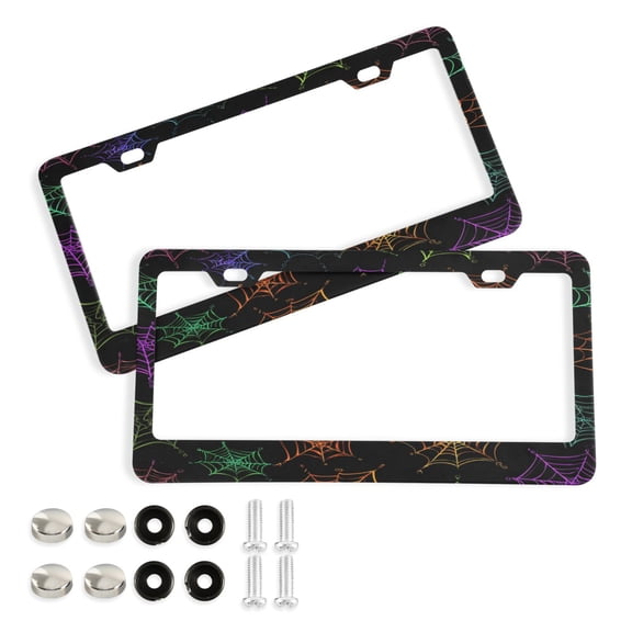 Aluminum License Plate Frame 2 Pack Car Exterior Accessory Car Tag Holder for Front Rear Plates Cars Decor Neon Spider Webs