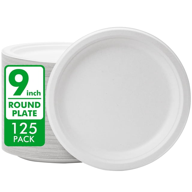 Platos de papel desechables RACETOP, 9 pulgadas, paquete de 125, bagazo blanco