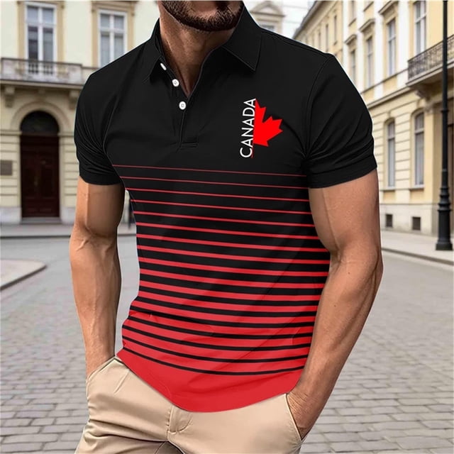 Pisexur T-shirt à Manches Courtes pour Homme Homme Décontracté Ample Mode Rayé Feuille d'Érable Imprimée Bouton Chemise à Manches Courtes Col Rabattu Rouge,m