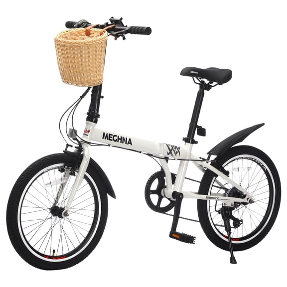 20 Inch Folding Bike with Basket, Phone Holder & Fenders, 6-Speed City Commuter Bicycle,White