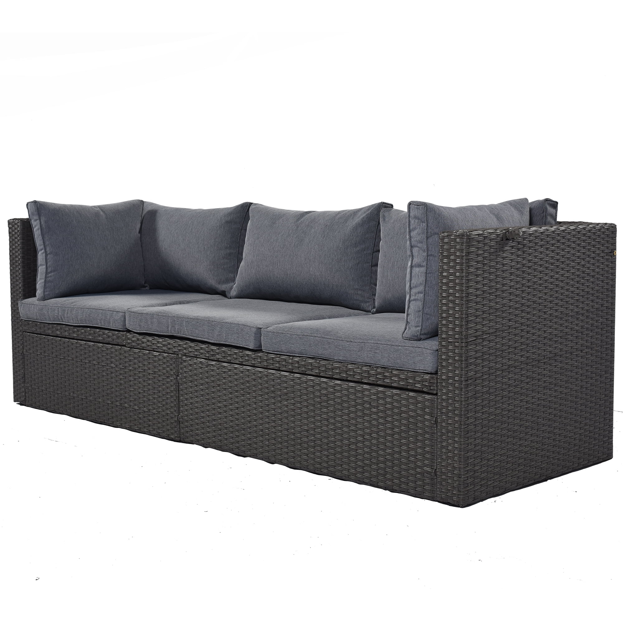 MAYEERTY Patio Rectangle Outdoor Sofa Wicker Sectional Retractable Canopy Washable Cushions