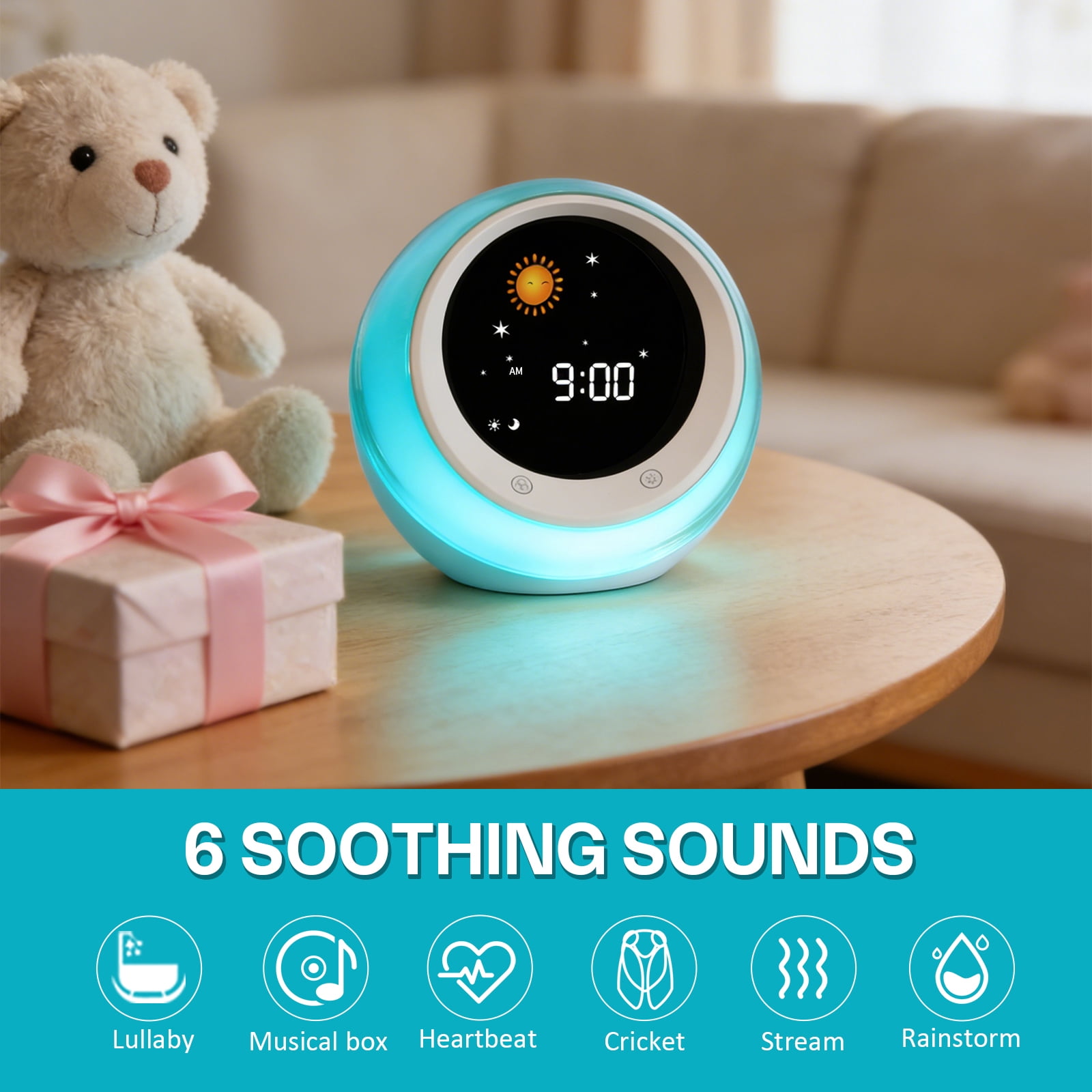 Sun & Moon Rise Kids Alarm Clock, Children's Sleep Trainer ,Sleep Sound Machine, Wake Up Light & Night Light ,Teach Kids Day & Night