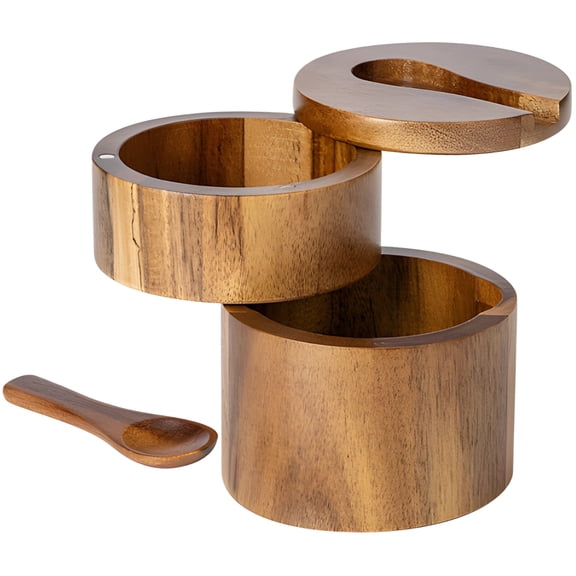 Wood Salt Cellar, Double Layer Salt and Pepper Container, Wooden Seasoning Box with Adsorbent Swirl Lid, Includes Small Wooden Spoon, Ideal for Kitchen Storage and Organization