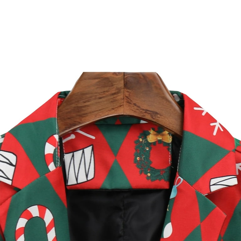 symoid Mens Coats Jackets Suit Christmas Printed Slim Fit Single Breasted Casual Suit Coat Red XXL