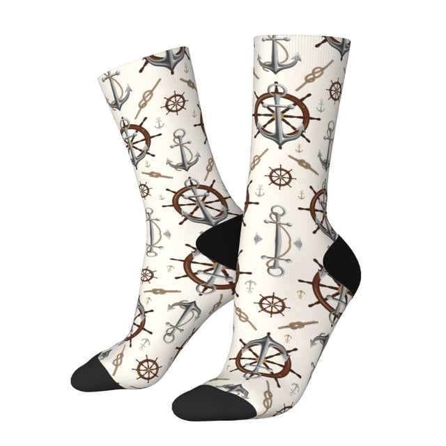 Wukai Anchor with Rope Print Contrast Color Mid-tube Socks, 3D Printing Design Adult Socks, High Elastic Breathable Sports Socks, Suitable for Daily,Unisex