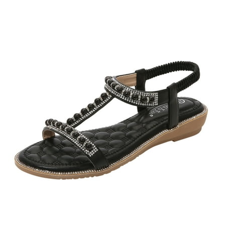 

HGWXX7 Sandals For Womens Studded Shoes Wedges Elastic Strap Roman Sandals Shoes For Women Black 37