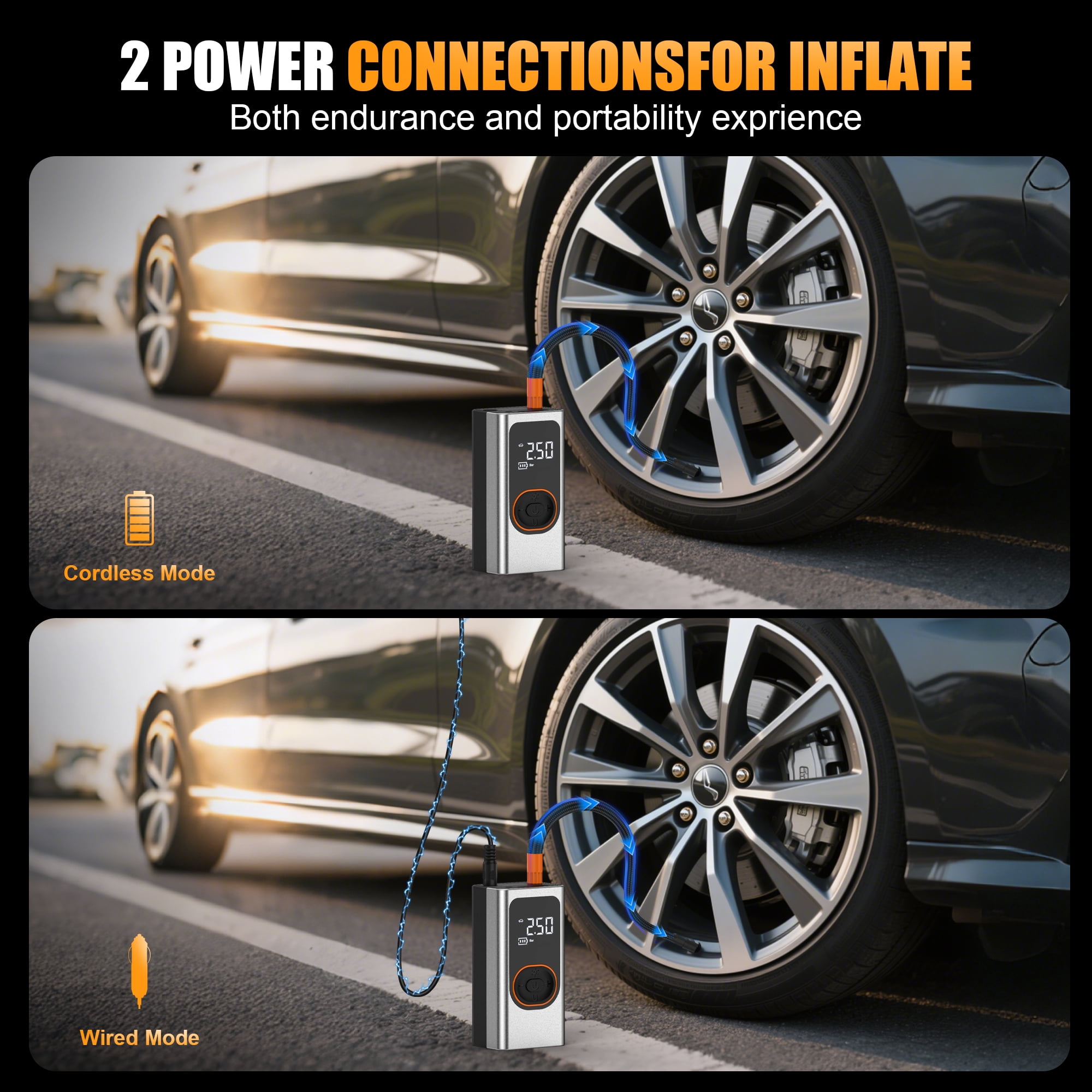 Scootworks Cordless Tire Inflator Portable Air Compressor, Dual Mode Inflation, Auto Air Pump for Car Tires, Motorcycle, Bikes, Smart Electric Pump with LED Light & Digital Pressure Gauge