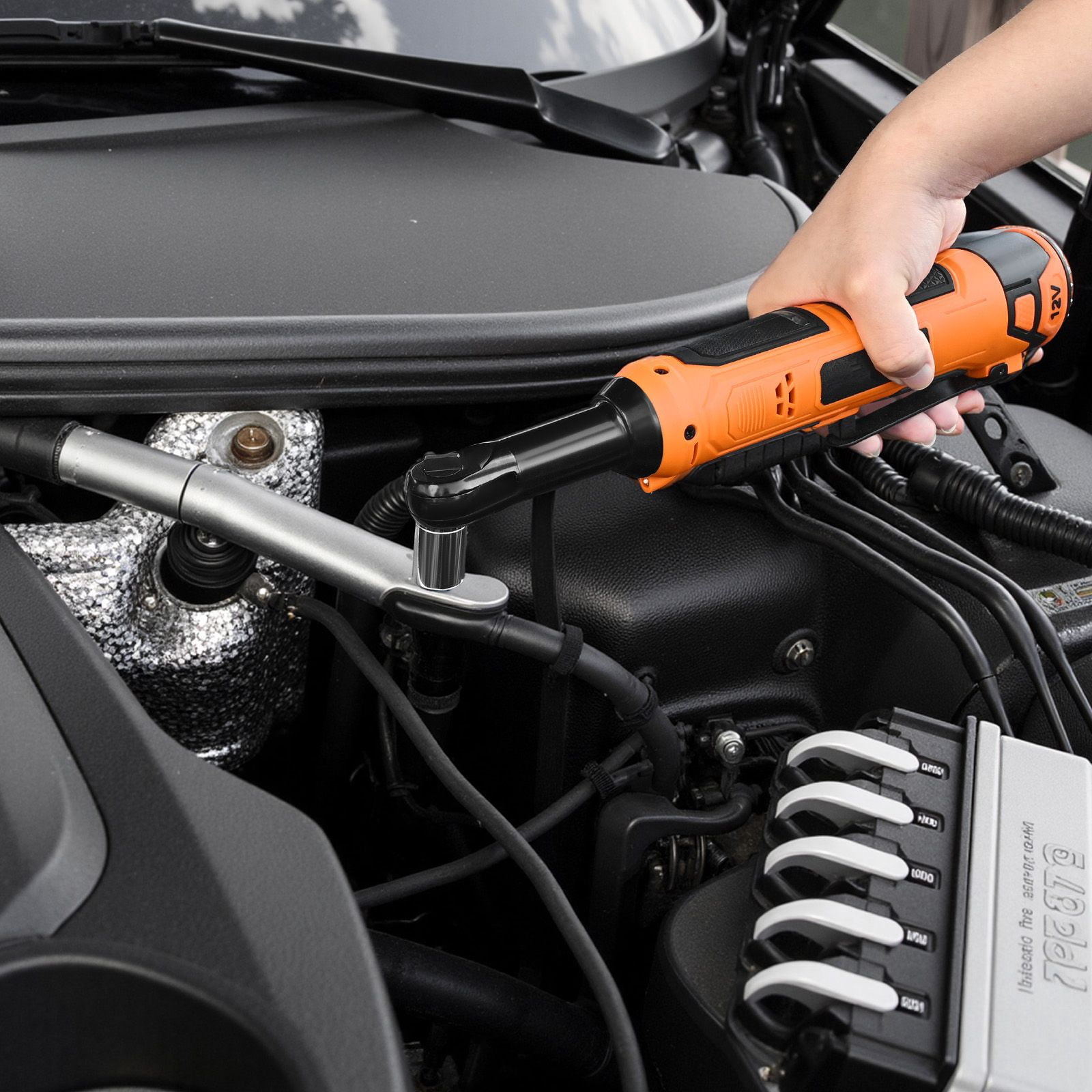 Cordless Ratchet Wrench 3/8" with 33 ft-lbs Torque, 230 RPM, Dual 2000mAh Batteries, LED Light, for Automotive Mechanical Work