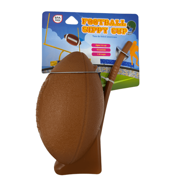 10 oz Football Shaped Sippy Cup, Assorted Colors, Spill Resistant Straw, Fun Sports Design, Perfect for Mealtime, Playtime, Travel, Park, Game Day and Everyday Use, Brown