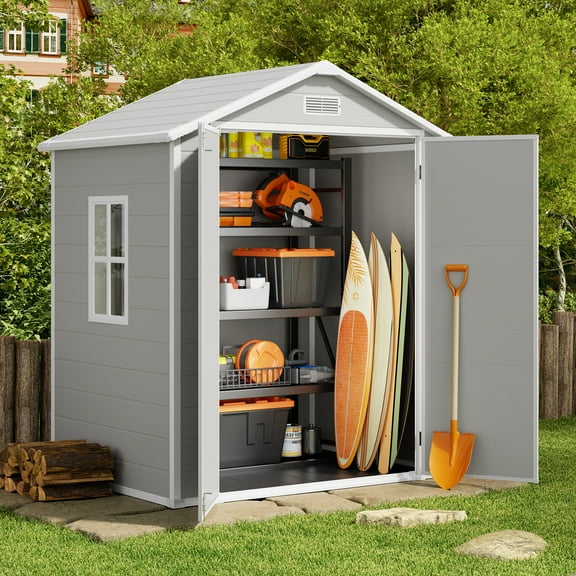 Jolifa 6x4 ft Resin Outdoor Storage Shed with Reinforced Floor & Window, Heavy Duty Garden Shed & Tool Shed, Weatherproof Backyard Storage for Patio Furniture & Lawn Equipment