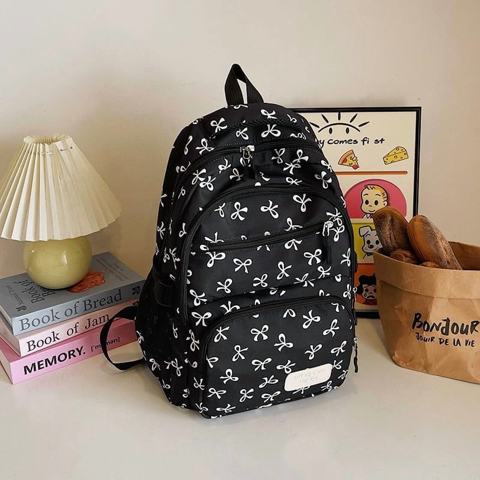 Lohol Coquette Aesthetic Backpack - Cute Kawaii Bow Rucksack for Women, Trendy & Lightweight Nylon Daypack (A03 Bow Black)