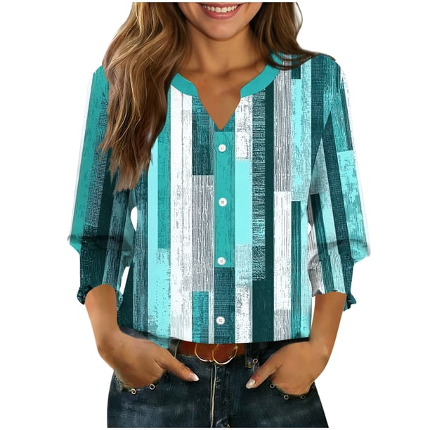 Camisas de Cuello de Tripulación de Manga Larga para Hombres Moda de Mujeres Primavera Y Verano Botón Arriba Cardigan 3/4 Cuarto de Manga Chaqueta Cuello en V Top / Camisa, Informal Y Cómodo para el