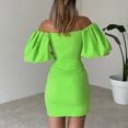 thumbnail image 4 of Vestido plisado con mangas de volantes de algodón Ropa de vacaciones ajustada de color sólido para mujer FLhrweasw Nuevo, 4 of 9