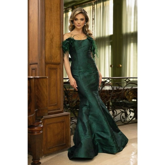 Women's Terani Couture 242e3160 Jacquard Scoop Off Shoulder Long Trumpet Dress Pine 18