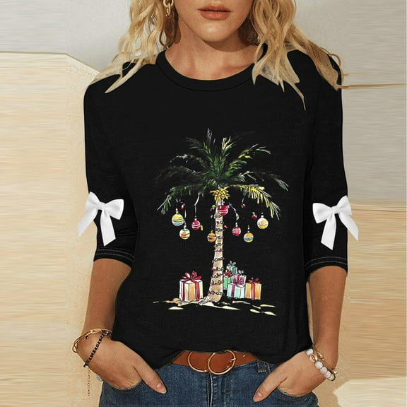 LEKWK Teacher Holiday Shirts Xmas Tree Crew Neck 3/4 Sleeve Tops Christmas Sweaters for Women Merry Ladies Christmas Tops