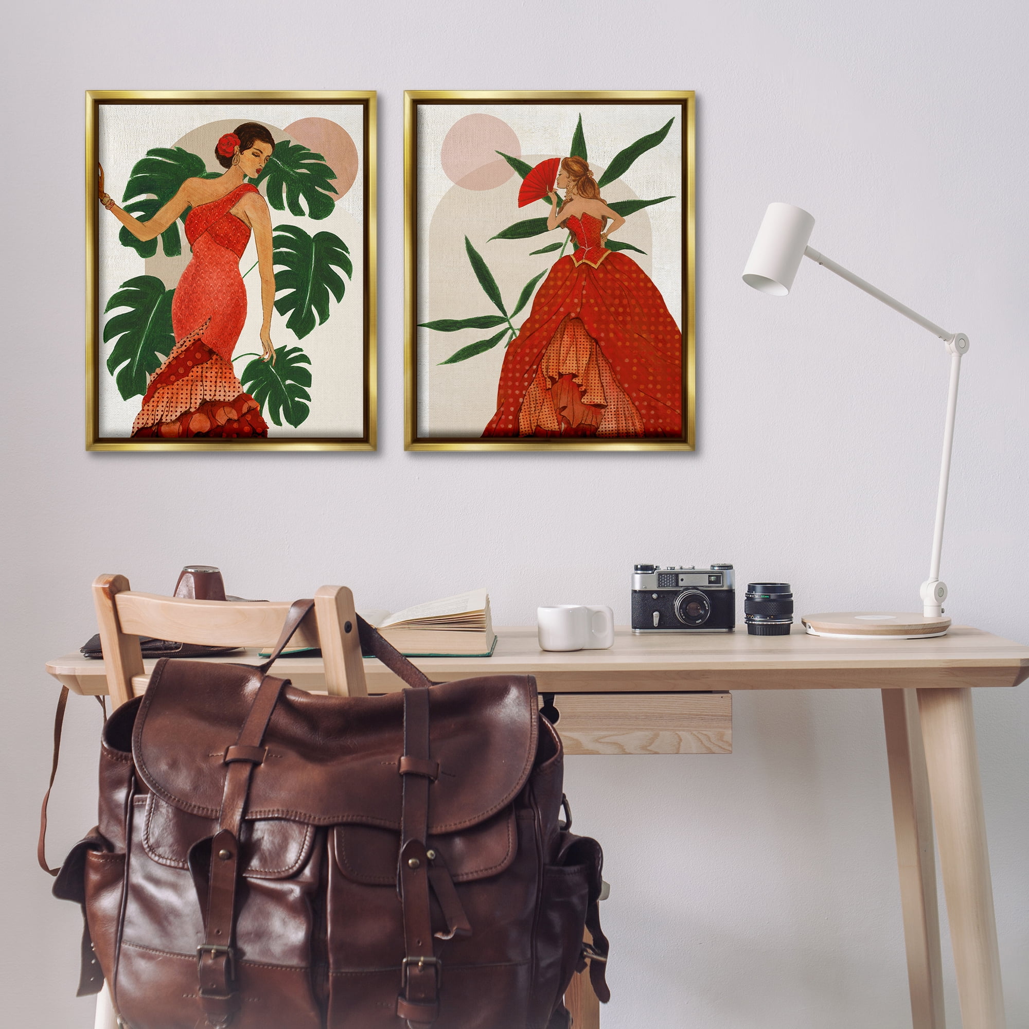 Stupell Industries Tropical Fashionistas in Red People Painting Gold Floater Framed Canvas Art Print Wall Art, 31 x 25, Set of 2
