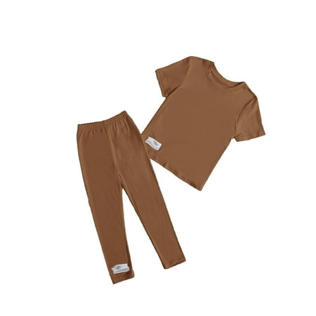 

Casual Letter Print Round Neck Short Sleeve Coffee Brown Toddler Girls Two-piece Outfits (Girl s)