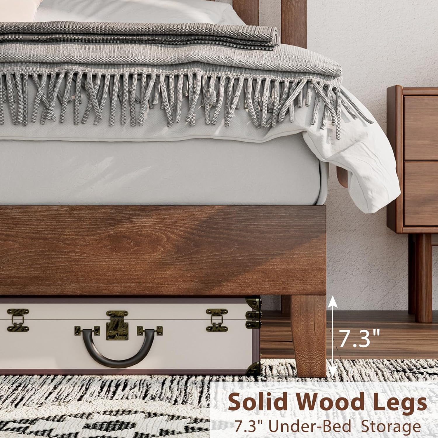 VanAcc Queen Size Bed Frame, Solid Wood Platform with Wooden Headboard for Bedroom, Walnut