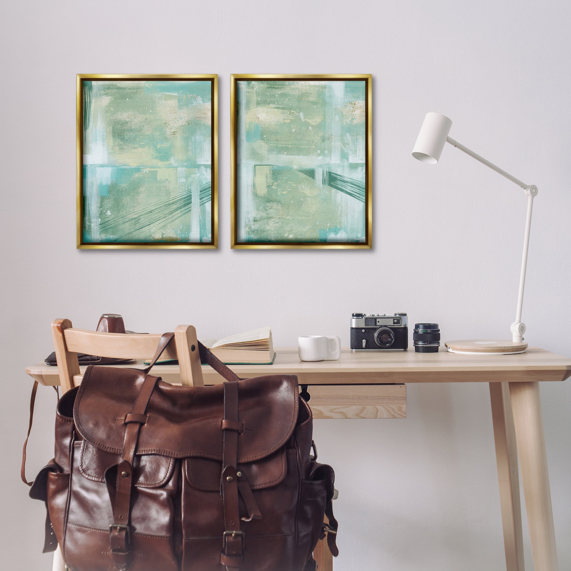 Stupell Industries Teal Abstract Bridge Cityscape Abstract Painting Gold Floater Framed Canvas Art Print Wall Art, 17 x 21, Set of 2
