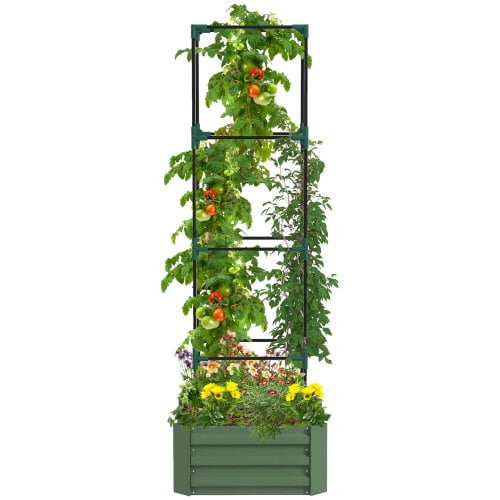 DEGUO Galvanized Raised Garden Bed, 24" x 24" x 11.75" Outdoor Planter Box with Trellis Tomato Cage and Open Bottom for Climbing Vines, Vegetables